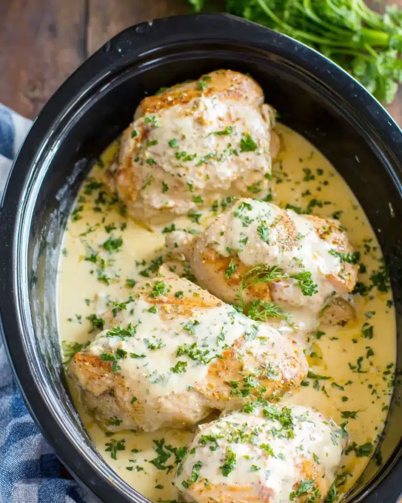Crockpot Marry Me Chicken preparation with chicken breasts and sauce.