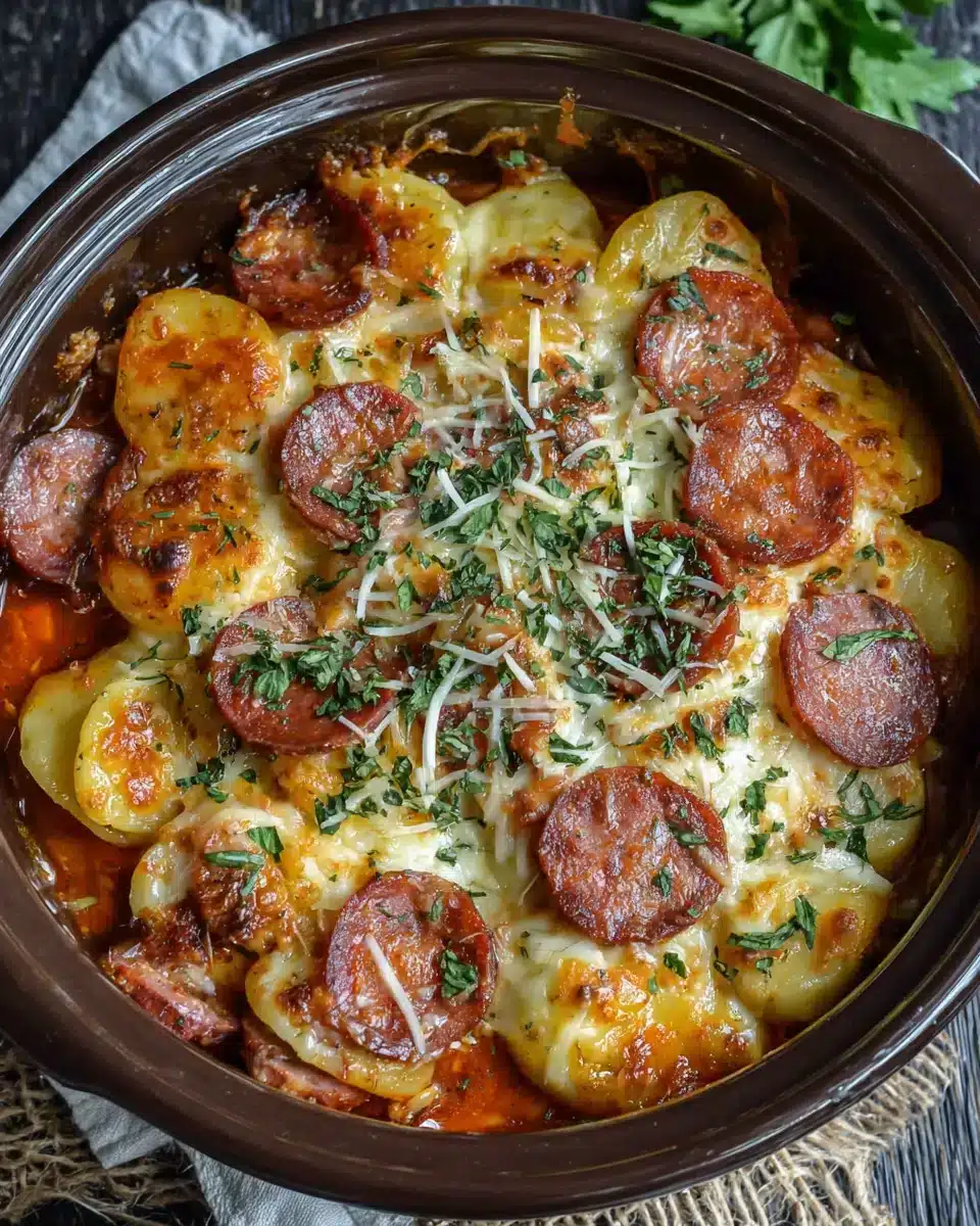 Crockpot pierogi casserole with kielbasa easy recipe topped with cheese