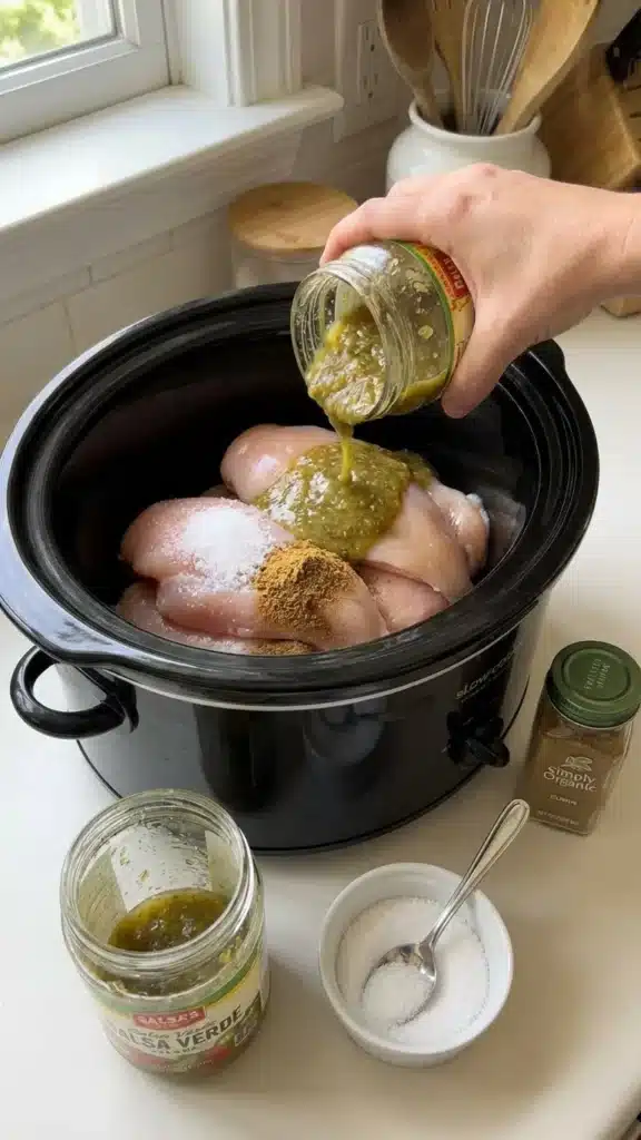 combine the chicken, salsa verde, kosher salt