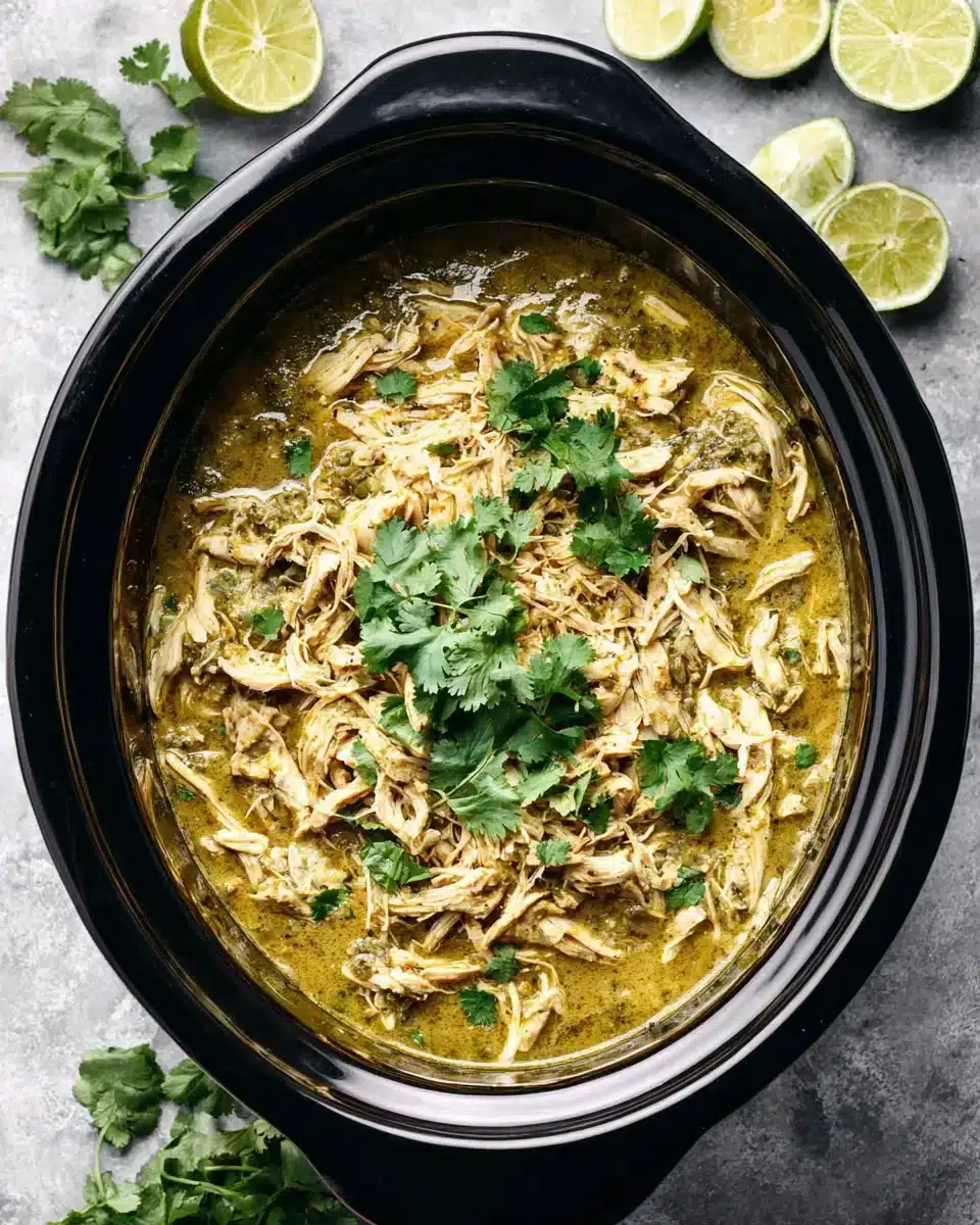 Delicious crockpot salsa verde chicken ready to serve.