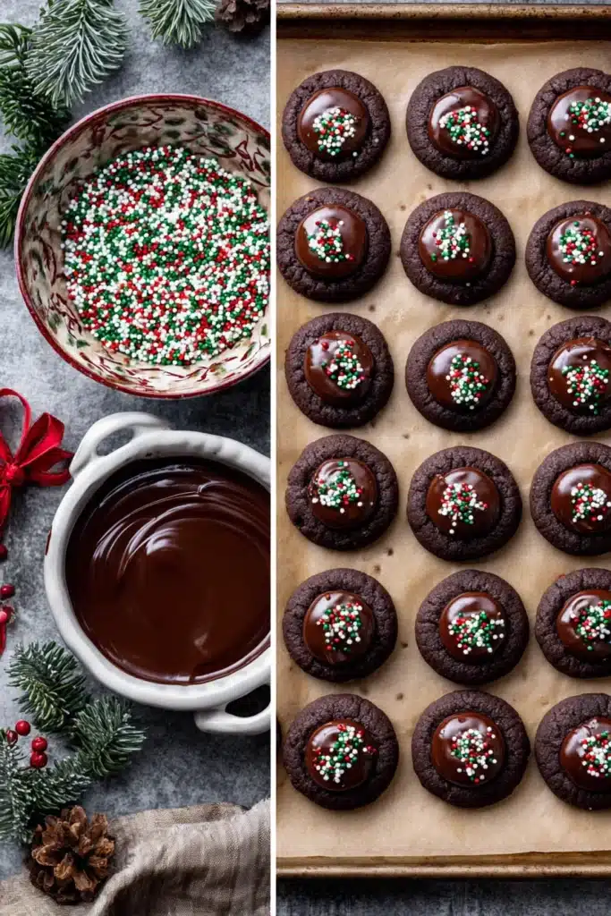 filling and decorating chocolate thumbprint cookies with ganache and sprinkles