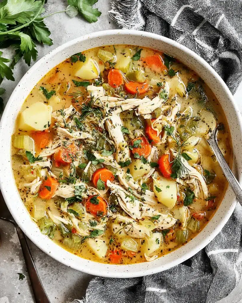 Hearty easy chicken soup with vegetables and fresh herbs.