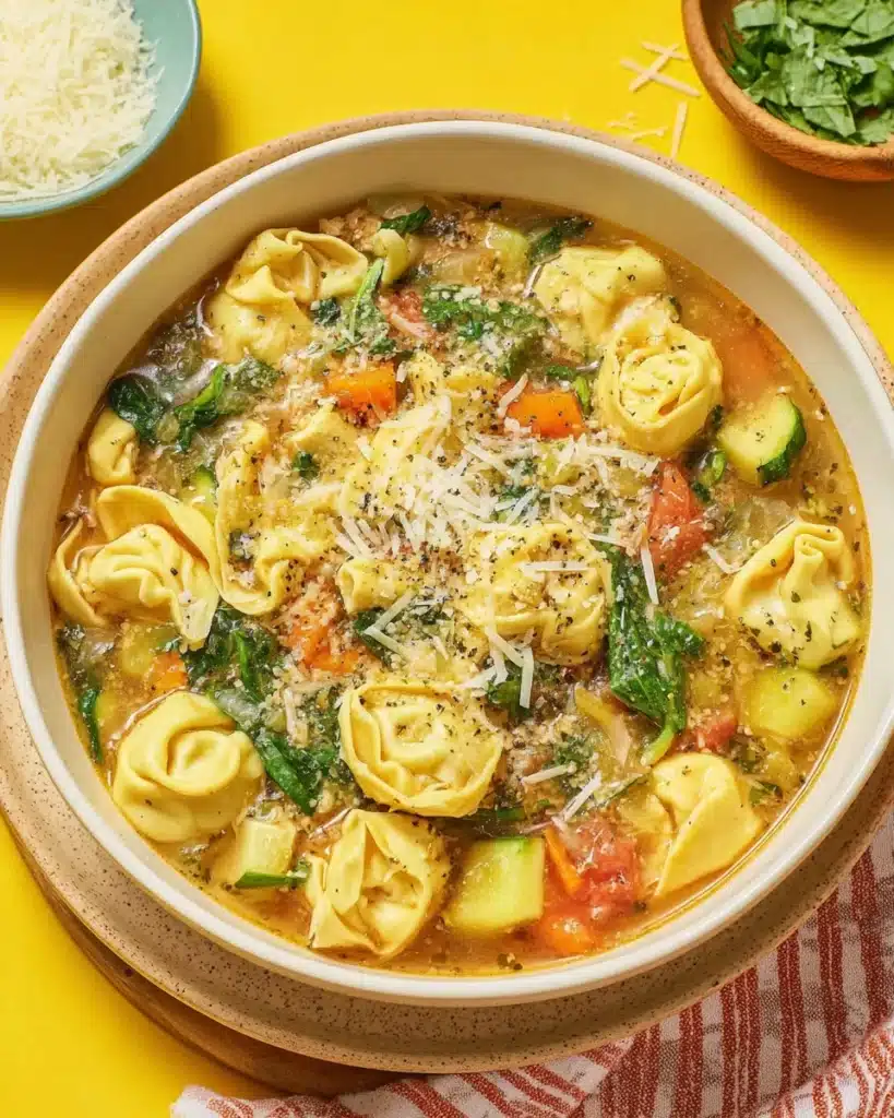 Delicious easy chicken tortellini soup recipe with vibrant veggies.