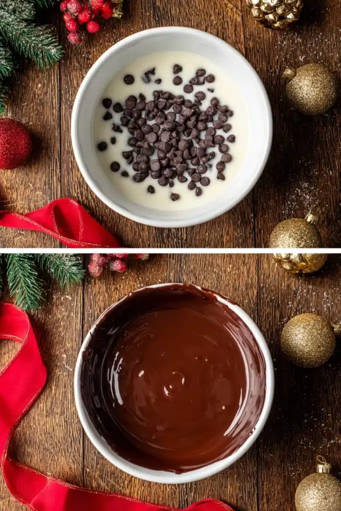 making chocolate ganache for thumbprint cookies in white bowl