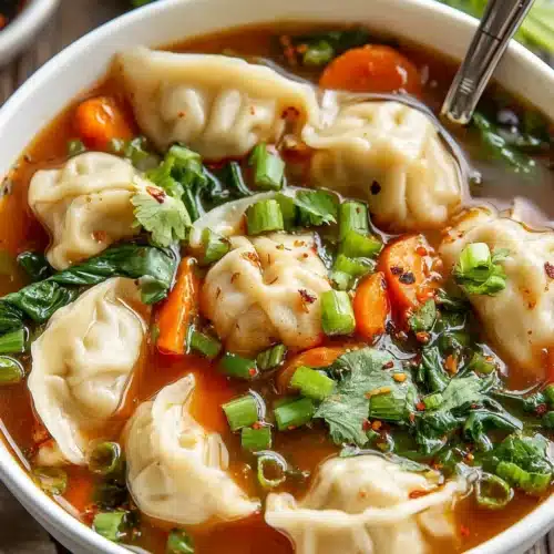 Delicious Easy Potsticker Soup with dumplings and healthy greens.