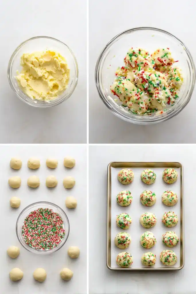 step by step Christmas gooey butter cookies with sprinkles