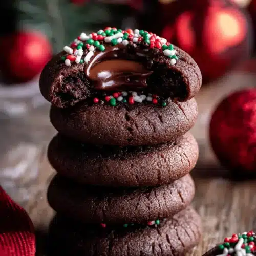 overhead view of chocolate thumbprint cookies with ganache and sprinkles
