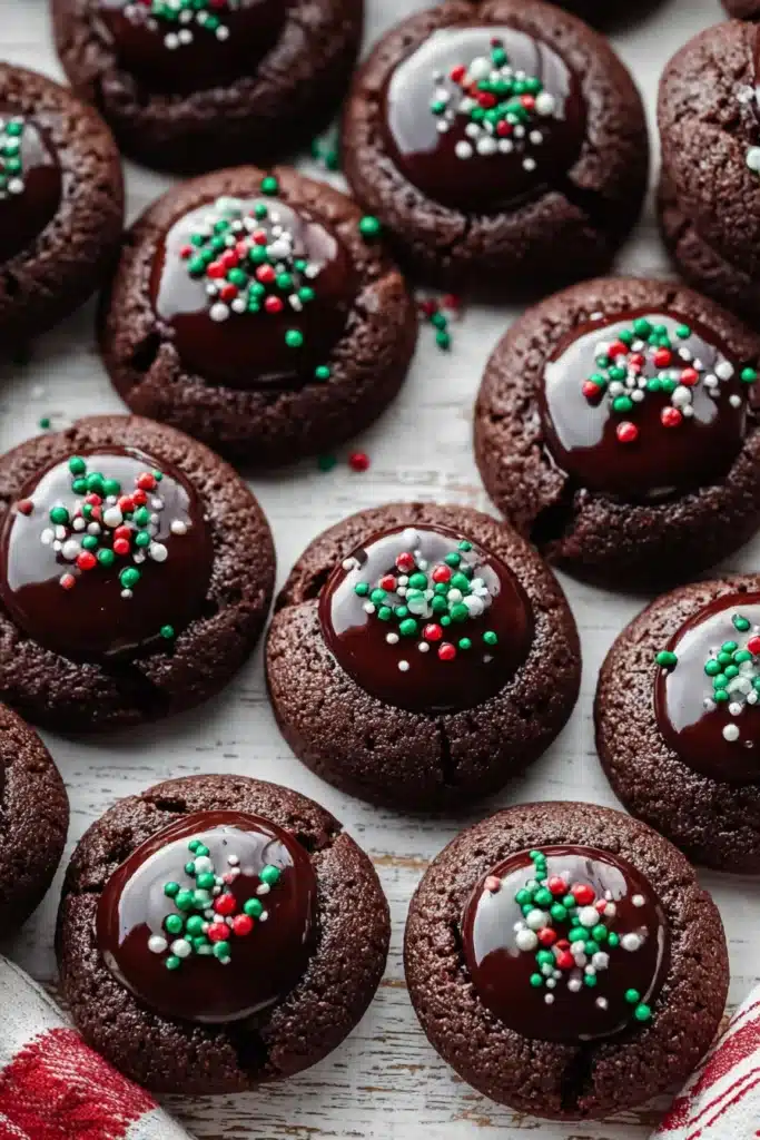 finished chocolate thumbprint cookies with ganache and holiday sprinkles
