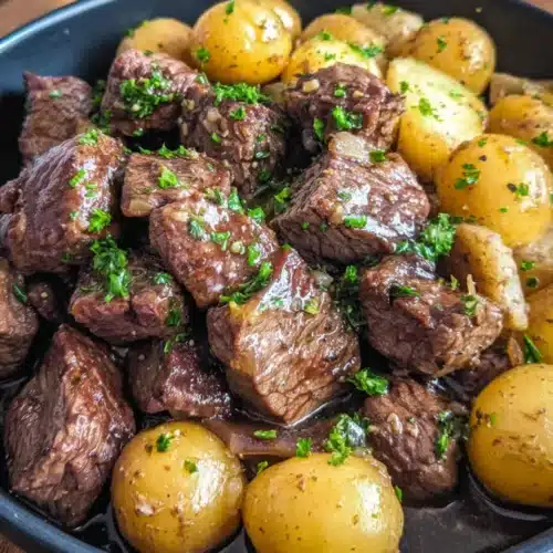 garlic butter beef bites and potatoes in a bowl