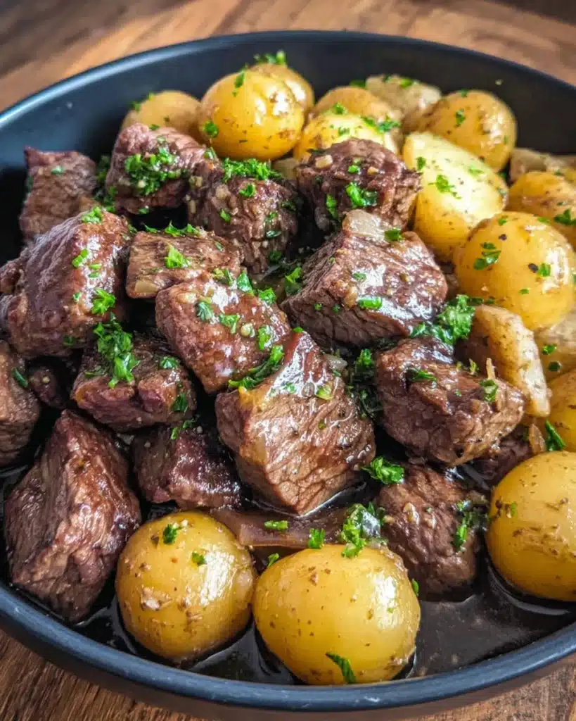 garlic butter beef bites and potatoes in a bowl