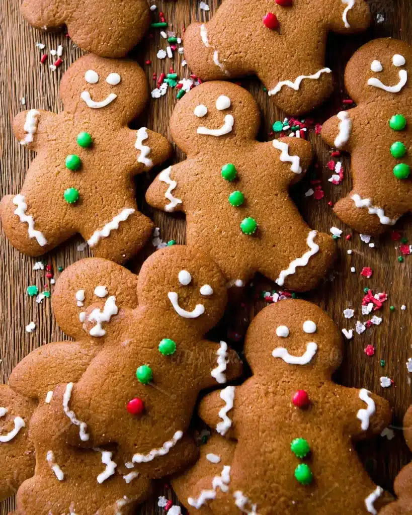 Chewy Gingerbread Men Cookies decorated with white icing and holiday sprinkles