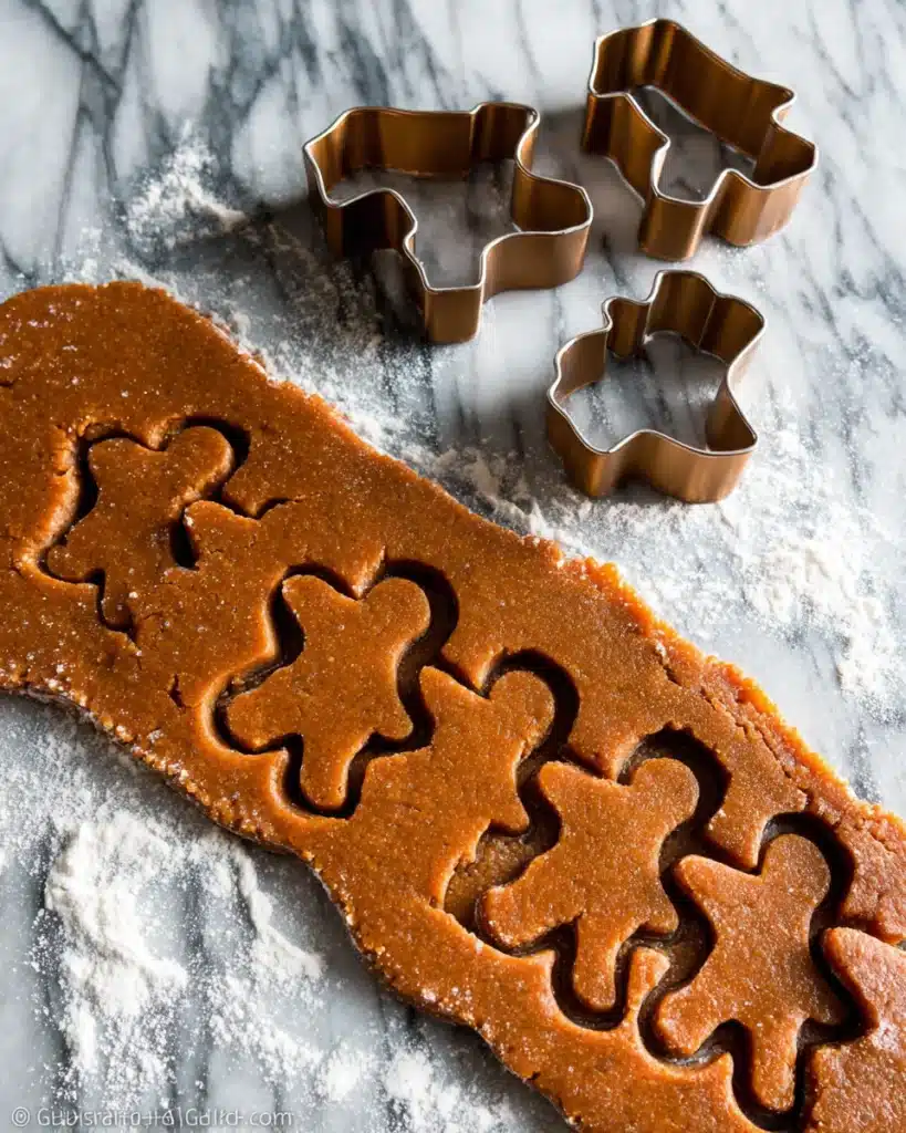 Chewy Gingerbread Men Cookies dough cut into gingerbread men on floured marble