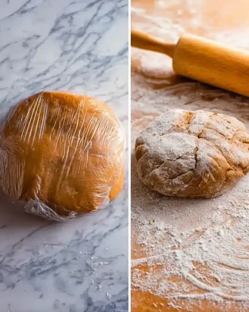 Chewy gingerbread men cookie dough chilled and floured with rolling pin