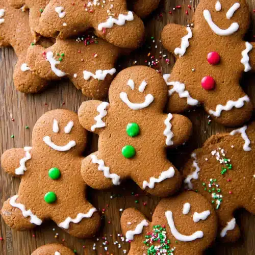 Chewy Gingerbread Men Cookies decorated with white icing and holiday sprinkles