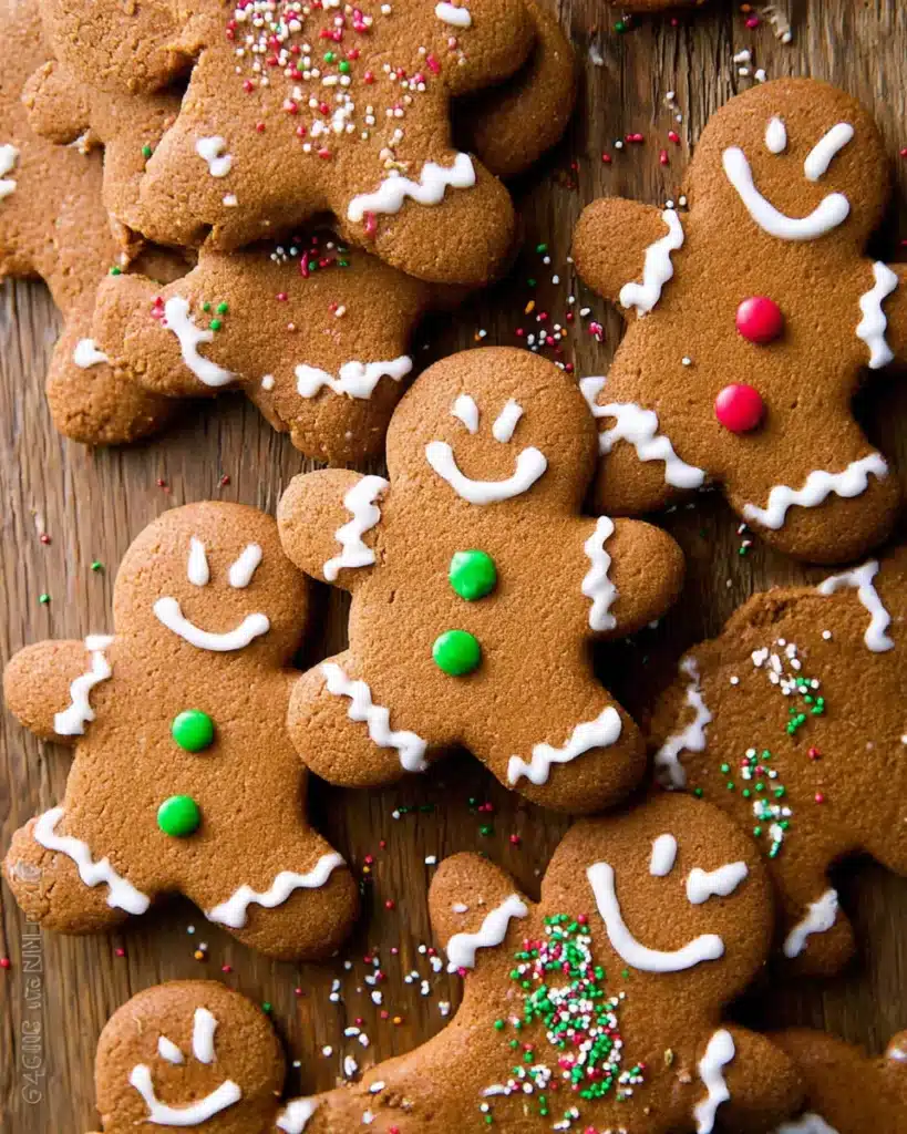 Chewy Gingerbread Men Cookies decorated with white icing and holiday sprinkles