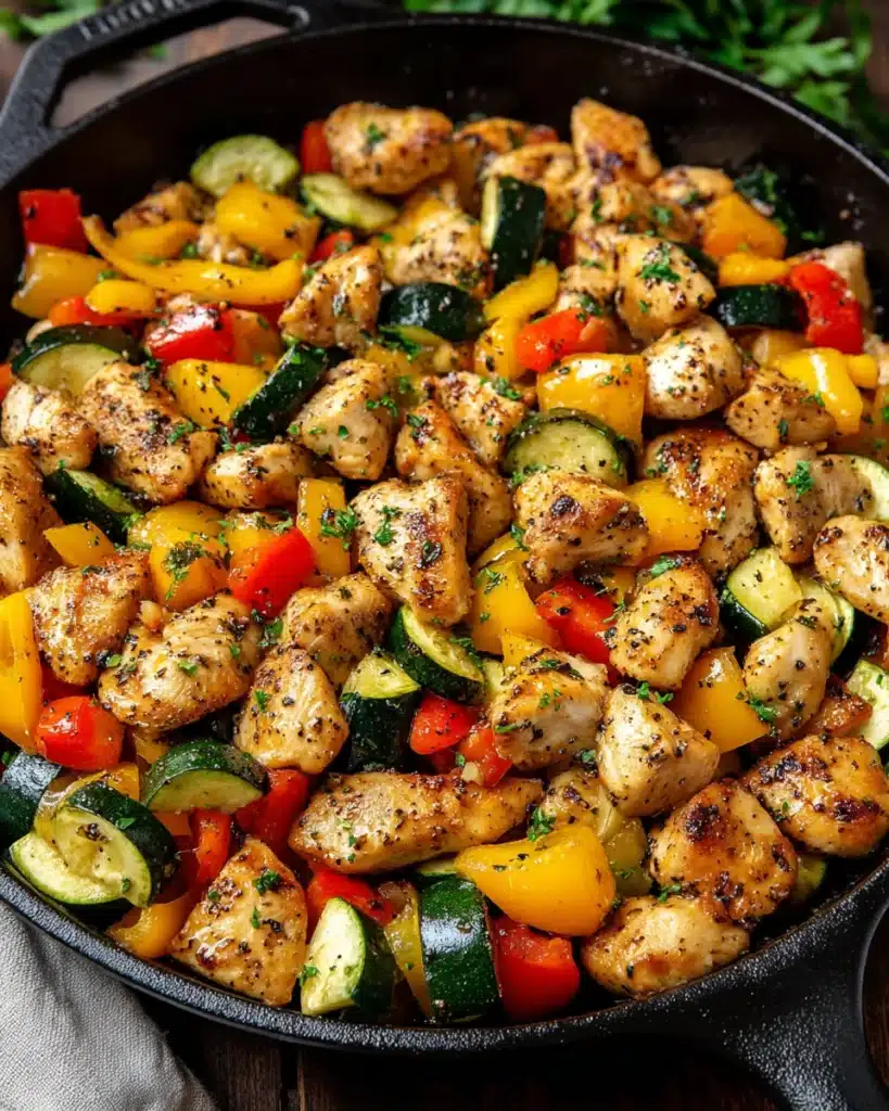 Healthy chicken and vegetables skillet packed with colorful veggies