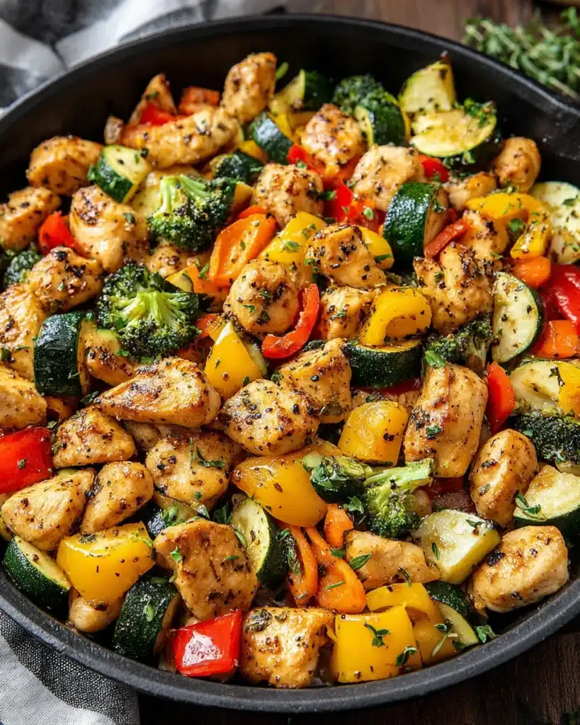Healthy chicken and vegetables skillet featuring colorful veggies and tender chicken.