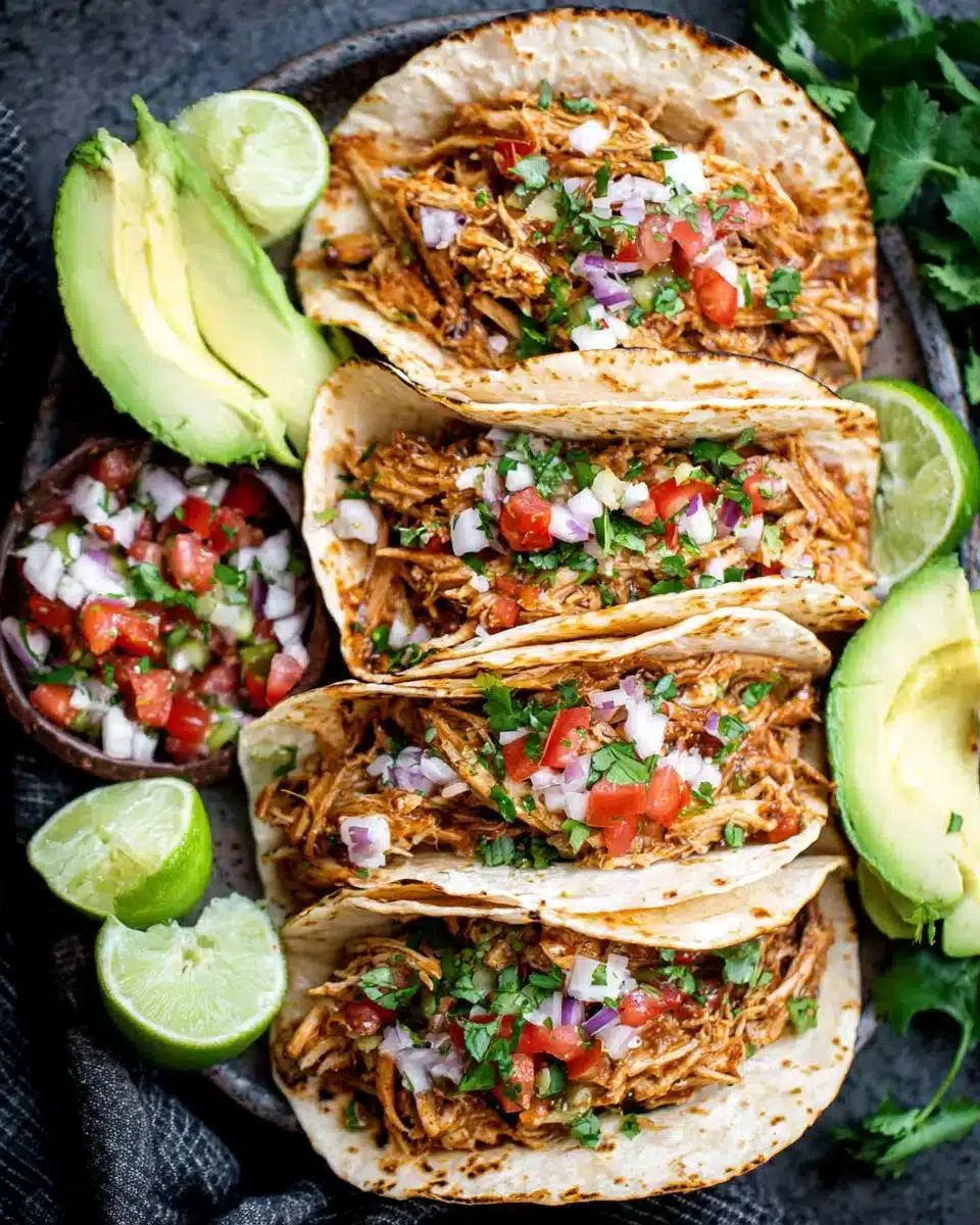 Delicious healthy slow cooker shredded chicken tacos ready to serve.