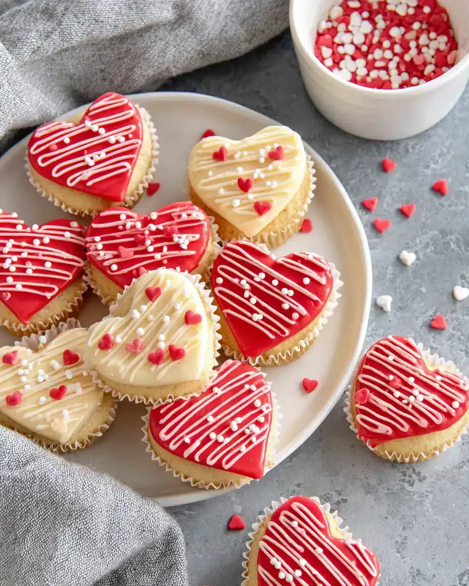 Delightful heart-shaped cupcakes for Valentine's Day celebration.