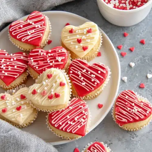 Delightful heart-shaped cupcakes for Valentine's Day celebration.