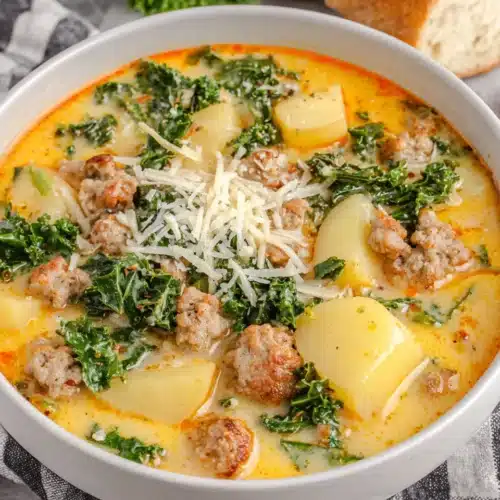 Delicious hearty slow cooker zuppa toscana soup ready to serve.