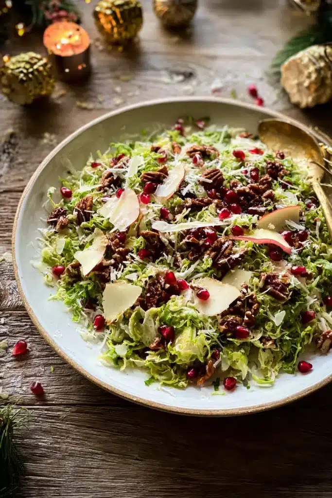 holiday Brussels sprout salad with pomegranate candied pecans and parmesan