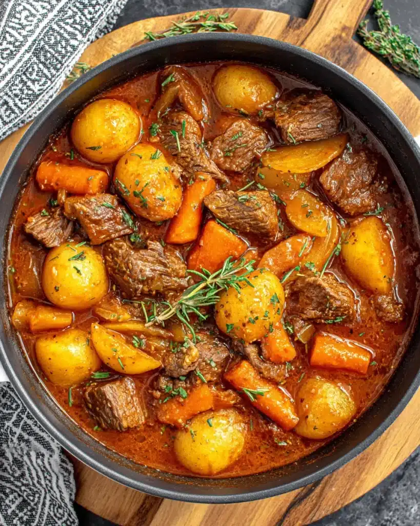 Homemade beef stew full of tender meat and veggies.