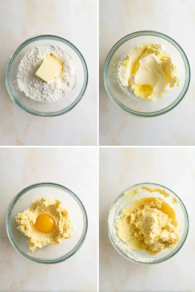 step by step mixing of Christmas gooey butter cookie dough