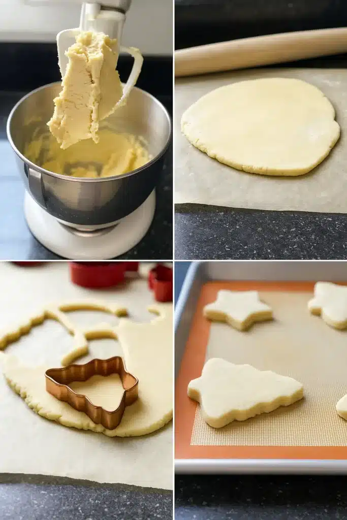 step by step making soft cut out sugar cookies from dough to baking sheet