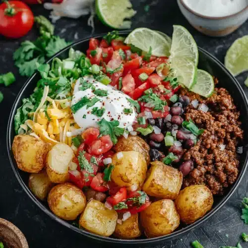 Savory loaded potato taco bowl with crispy potatoes and toppings.
