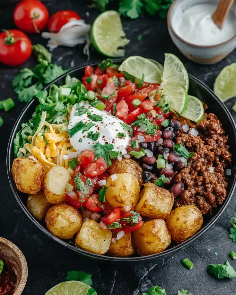Savory loaded potato taco bowl with crispy potatoes and toppings.
