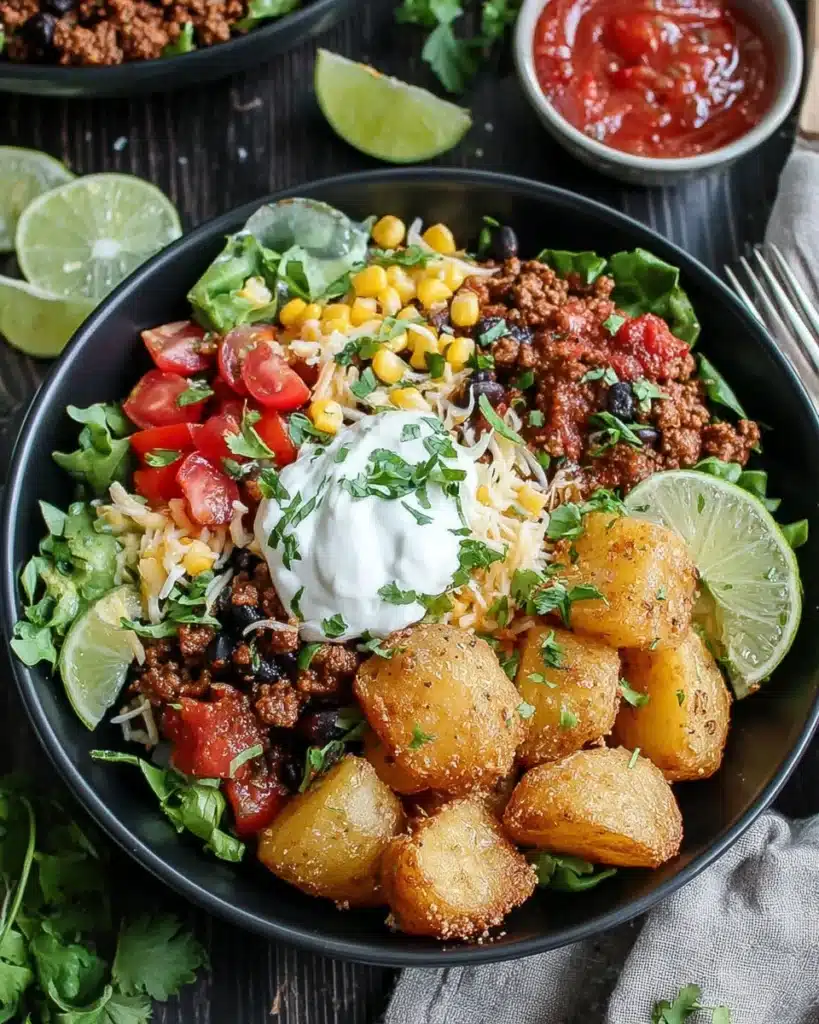 Loaded potato taco bowl with beef, beans, and fresh toppings.
