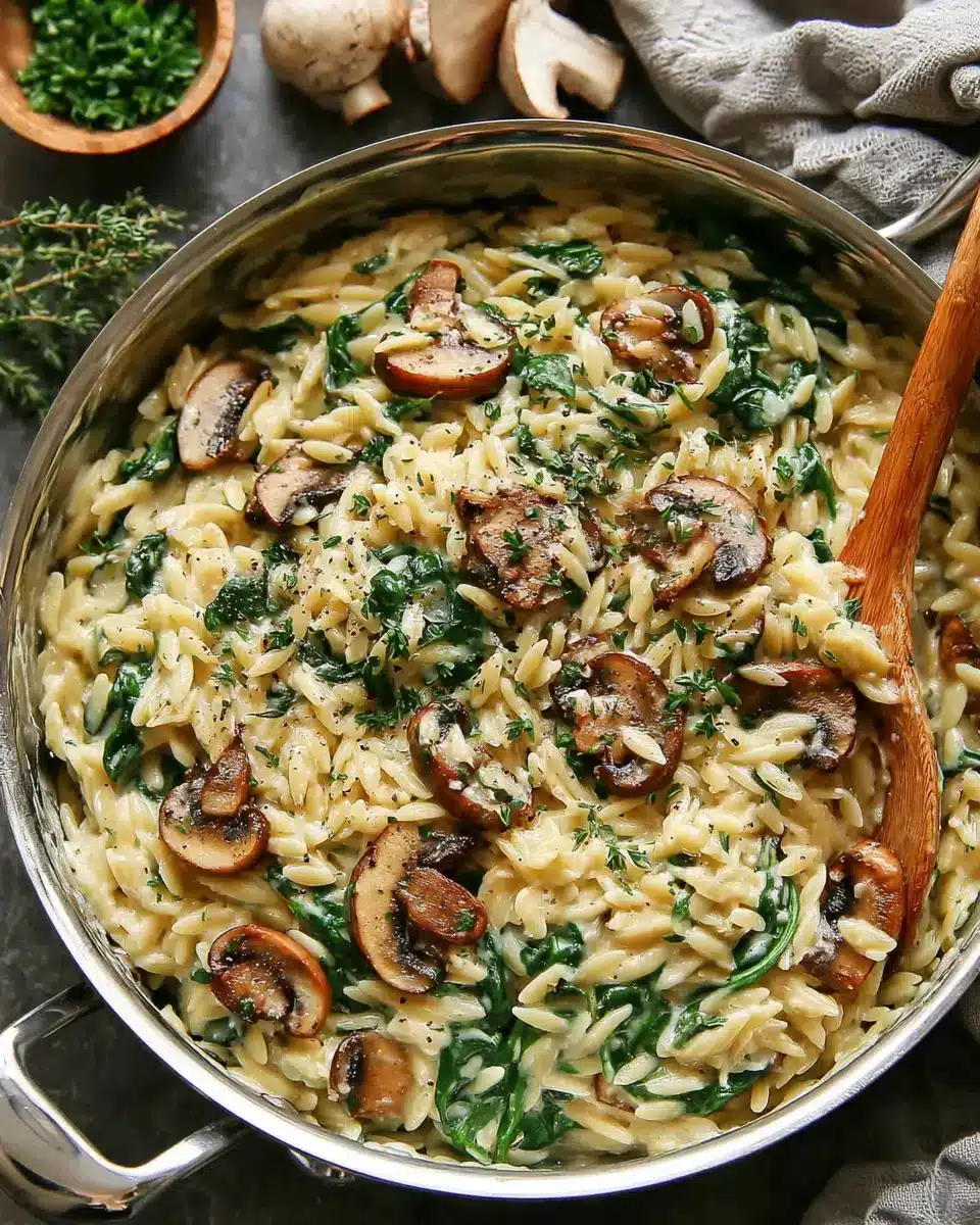 Delicious mushroom and spinach orzo recipe for a warm dinner.