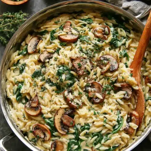 Delicious mushroom and spinach orzo recipe for a warm dinner.