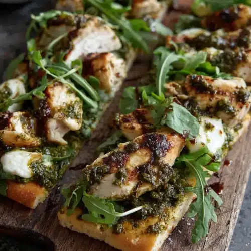 Pesto chicken flatbread with grilled chicken, pesto, and cheese.