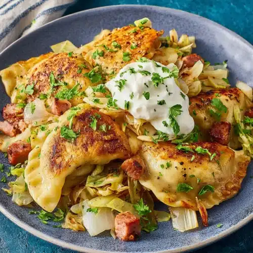 Easy pierogi sausage sheet pan dinner recipe with savory kielbasa