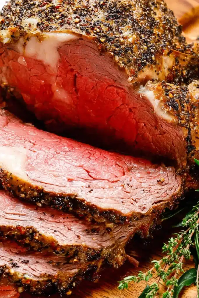 sliced prime rib with herb pepper crust and pink center