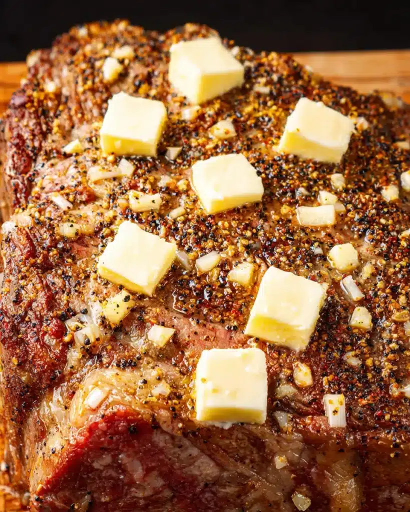 raw prime rib roast tied with twine on white cutting board