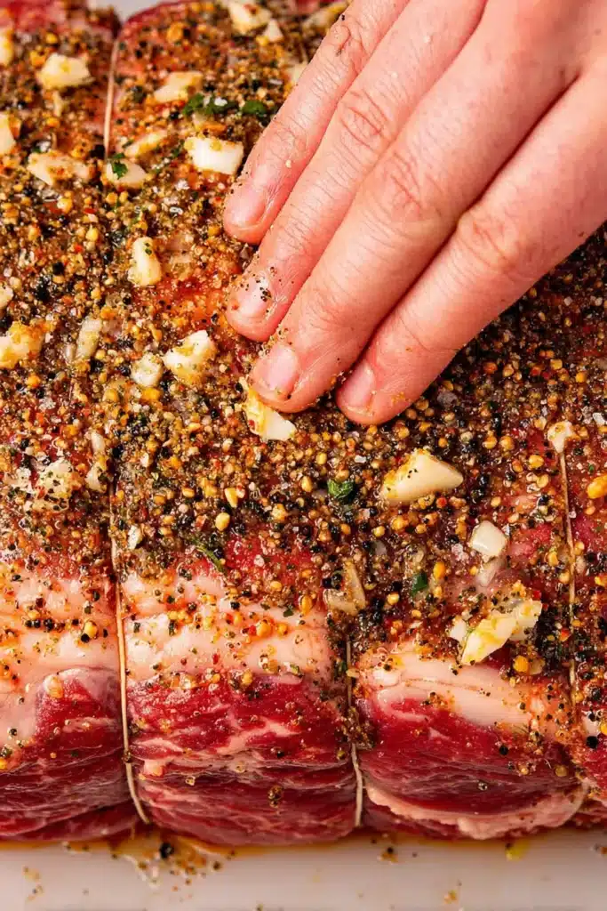 prime rib roast being rubbed with garlic herb pepper seasoning by hand