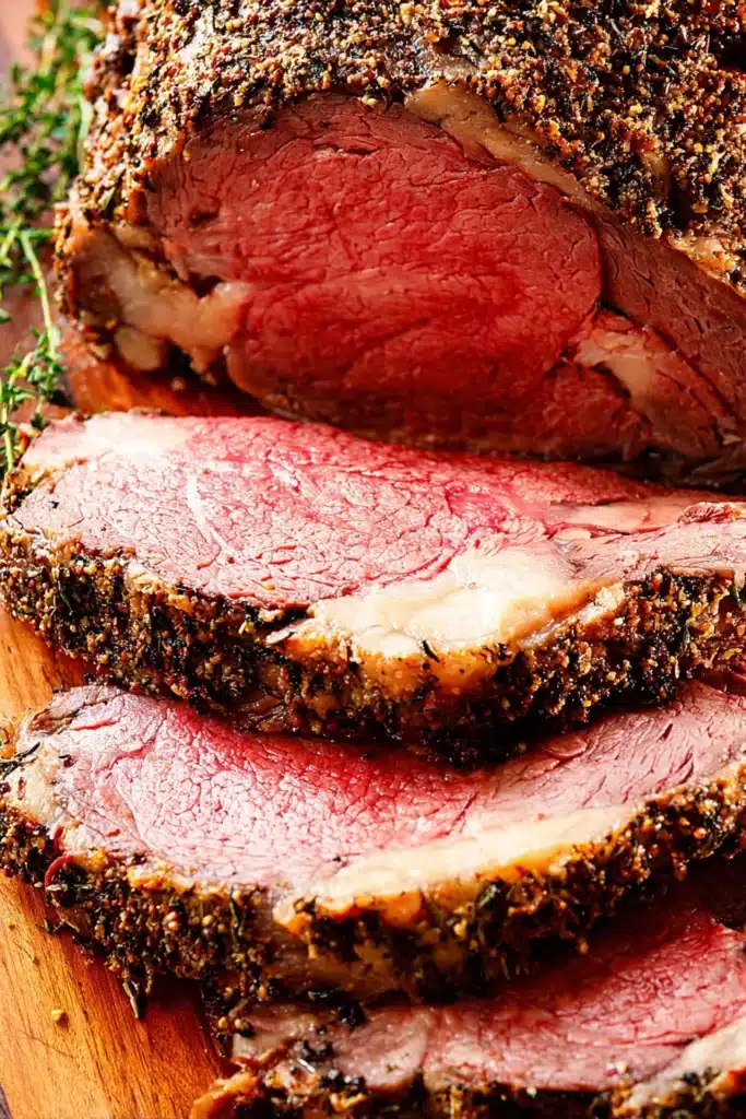 sliced best prime rib with pink center and herb crust