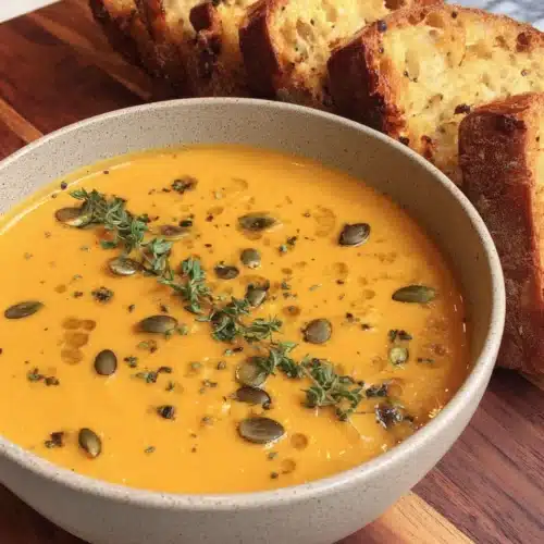 Delicious protein packed butternut squash soup served with crusty bread.