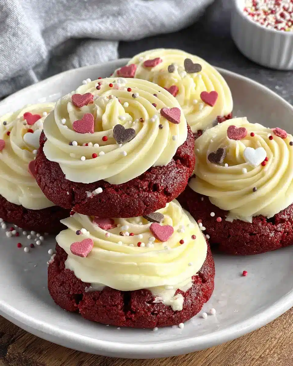 Red Velvet Cookies with Cream Cheese Frosting on a plate