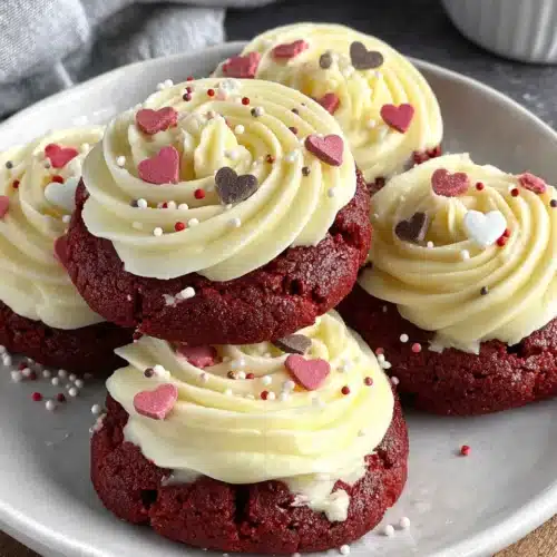 Red Velvet Cookies with Cream Cheese Frosting on a plate