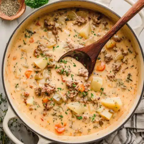 Creamy sausage potato soup with savory sausage, potatoes, and veggies.