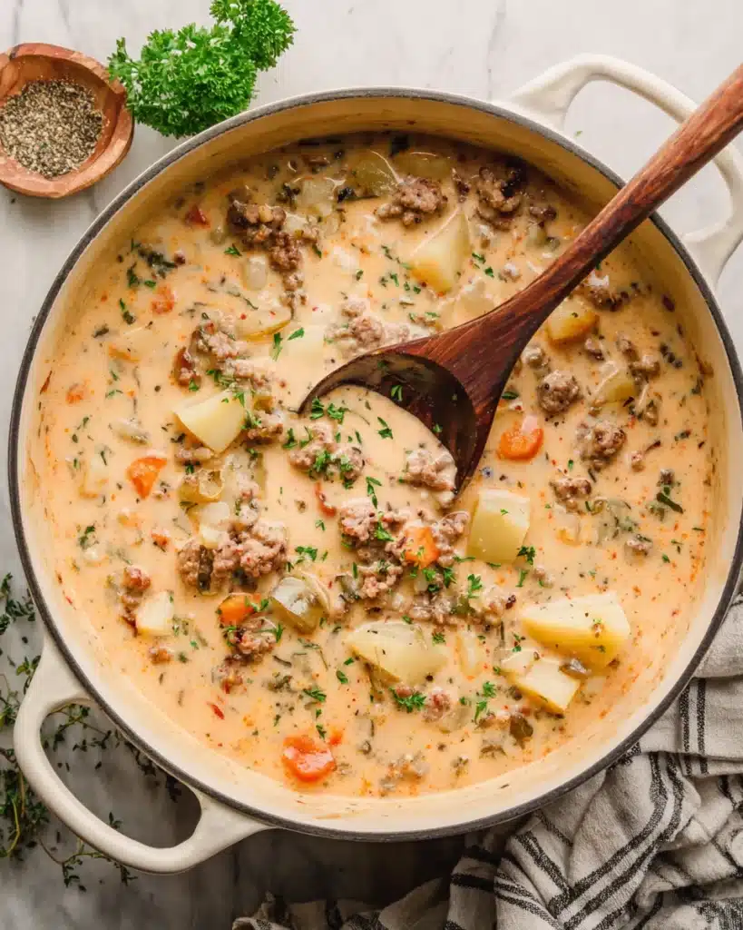 Creamy sausage potato soup with savory sausage, potatoes, and veggies.