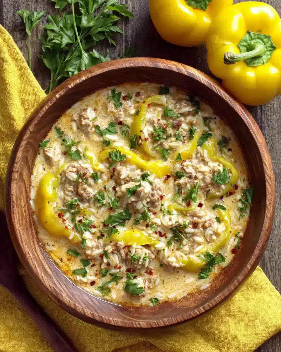 Creamy Savory Orzo Stuffed Banana Peppers Soup Savory orzo stuffed banana peppers soup for cold winter evenings.