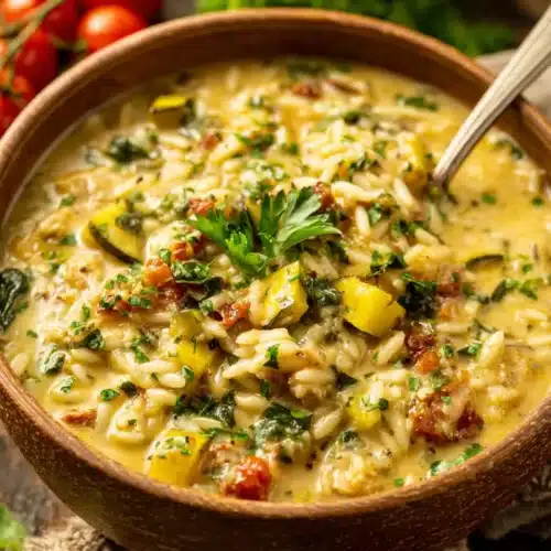 Delicious savory orzo stuffed banana peppers soup in a bowl