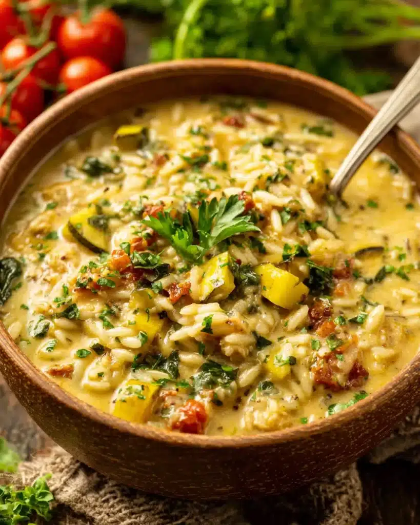 Delicious savory orzo stuffed banana peppers soup in a bowl