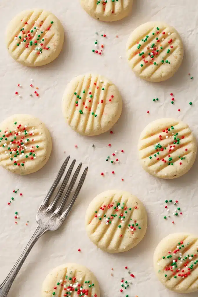 shaping whipped shortbread cookies with fork and sprinkles