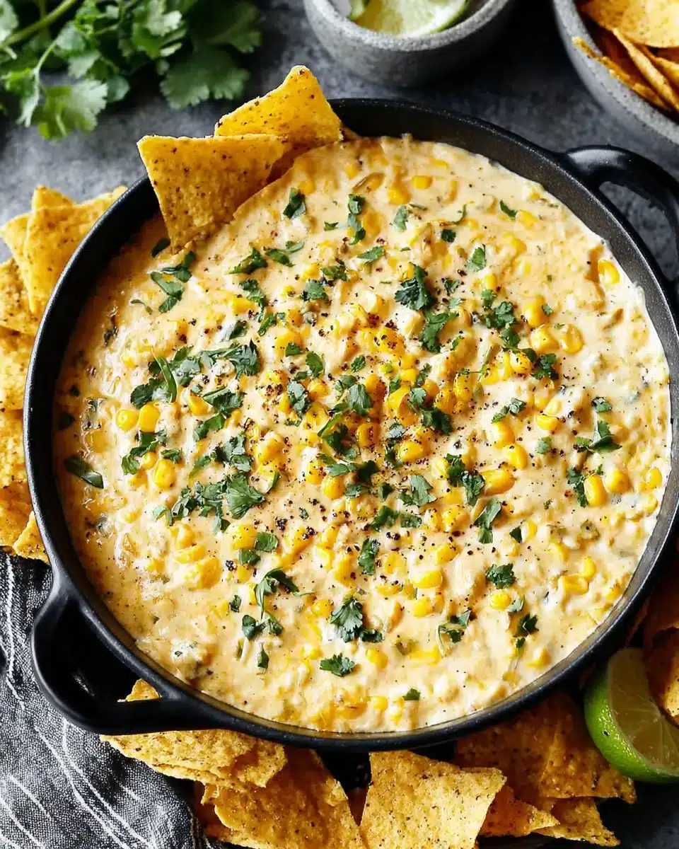 Delicious slow cooker corn dip with crunchy tortilla chips.